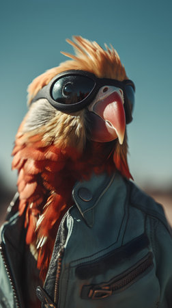 Portrait of a parrot in aviator's leather jacket.の素材