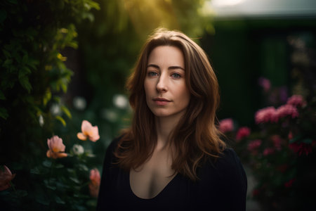 Portrait of a beautiful young woman in the garden at sunset.の素材