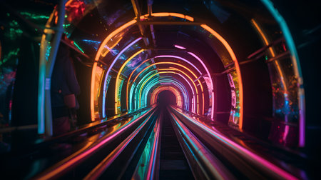3d illustration of abstract tunnel with neon lights and train tracks.の素材