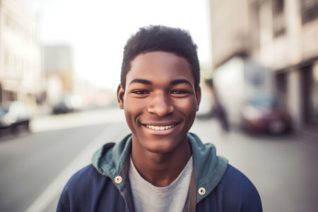 Closeup portrait of a smiling young african american man in the cityの素材