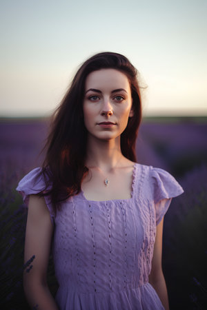 Portrait of young beautiful woman in lavender field at sunset.の素材