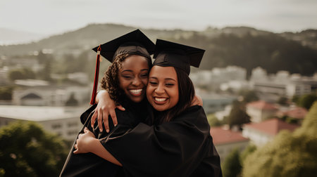 Two happy african american female graduates embracing each other and laughing while standing on top of a mountainの素材