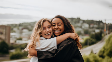 Two happy young women hugging each other on the background of the cityの素材