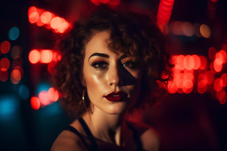 Portrait of beautiful young woman with curly hair and red lips.の素材