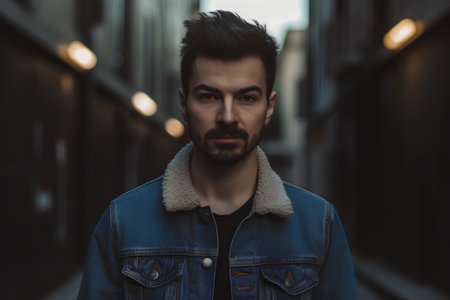 Portrait of a handsome young man in a denim jacket. Men's beauty, fashion.の素材