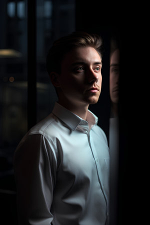 Portrait of a handsome young man in a white shirt on a dark backgroundの素材