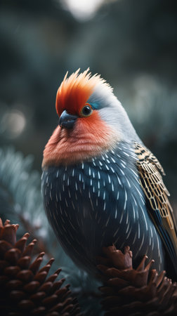 Beautiful colorful bird sitting on a pine cone, close-upの素材