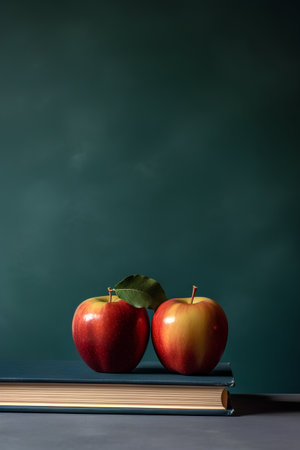 Two red apples and a book on a dark background. Education conceptの素材