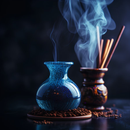Aroma incense sticks and vase with smoke on dark backgroundの素材