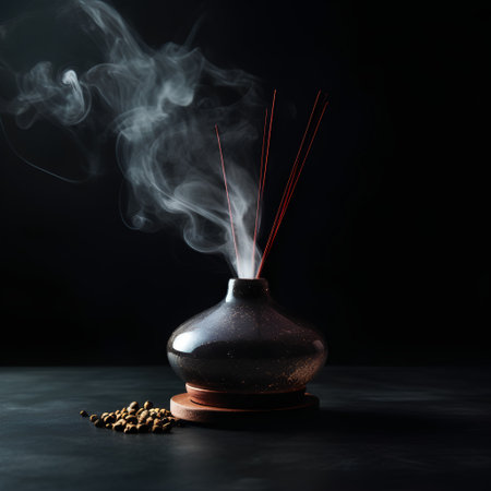 Aroma oil diffuser with incense sticks on black background.の素材