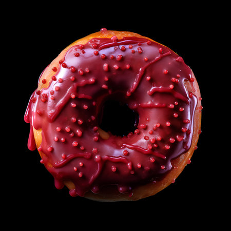 Donut with red glaze isolated on black background. Top view.の素材
