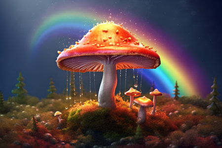 Fantasy mushroom and rainbow. 3D illustration. Fantasy forest.の素材
