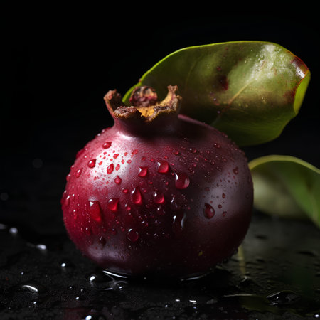 Ripe pomegranate fruit with water drops on black backgroundの素材
