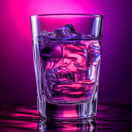 glass of whiskey with ice cubes on a purple background, close-upの素材