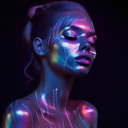 Fashion art portrait of beautiful girl with neon make-up.の素材