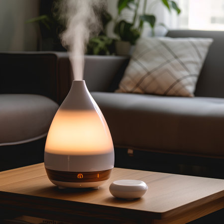 Aroma oil diffuser on wooden table in the living room at homeの素材