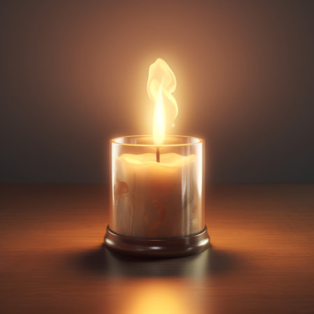 Burning candle on a wooden table. 3d render illustration.の素材