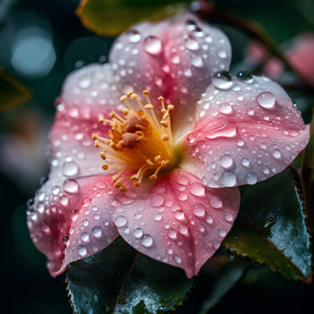 Beautiful pink camellia flower with dew drops close upの素材