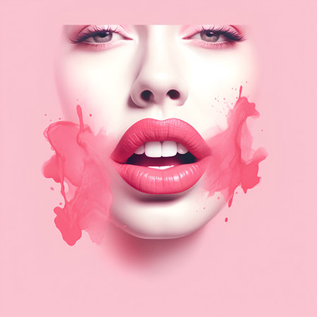 Fashion portrait of beautiful woman with pink paint splashes on her lips.の素材