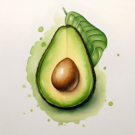 Watercolor illustration of avocado with leaf and watercolor splashes.の素材