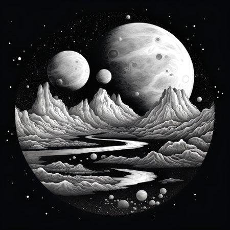 Night sky with moon and stars. Black and white vector illustration.の素材