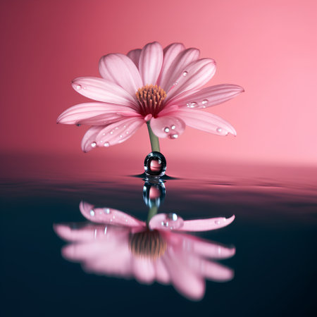 Beautiful pink flower with water drops on a pink background with reflectionの素材