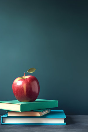 Stack of books and red apple on blue background. Back to school conceptの素材