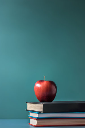 Stack of books and red apple on blue background. Back to school conceptの素材