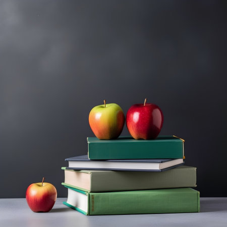 Stack of books with red and green apples on a blackboard backgroundの素材