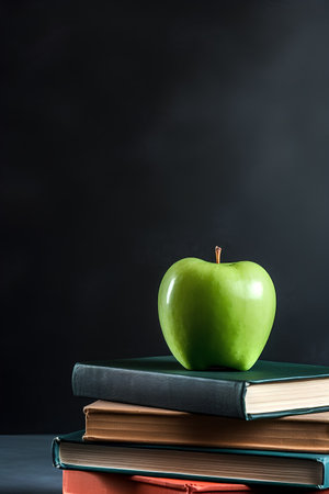 Stack of books and green apple on blackboard background. Back to school concept.の素材