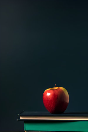 Red apple on book and blackboard background. Back to school concept.の素材