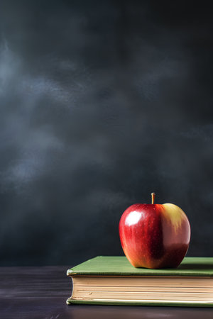 Red apple and book on black background. Back to school concept.の素材