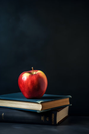 Red apple on a stack of books on a black background. Back to school.の素材