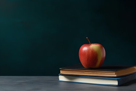 Books and apple on the table in front of a green chalkboardの素材