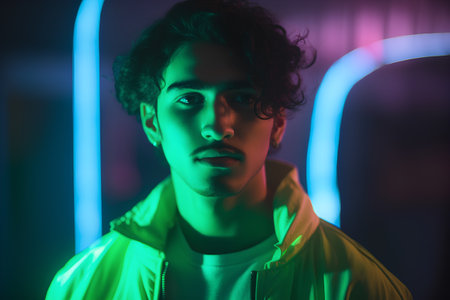 Portrait of a handsome young man in neon light. Men's beauty, fashion.の素材