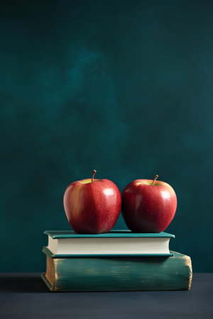 Two red apples on a stack of books on a green background.の素材