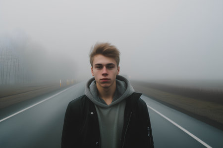Young man in a black coat on an empty road in the fog.の素材