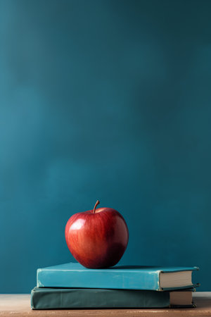 Red apple on a stack of books on a blue background. Back to school concept.の素材