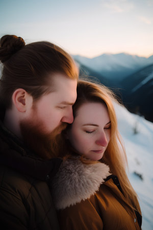 Young couple in love kissing on the background of mountains at sunset.の素材