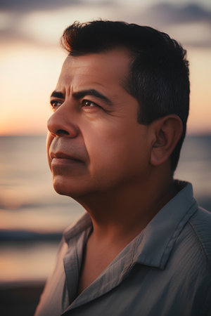 Portrait of a handsome Indian man at the beach at sunset.の素材