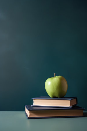Green apple on a stack of books against a green chalkboard.の素材