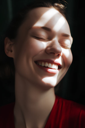 Beautiful young woman with closed eyes and smile on dark background.の素材
