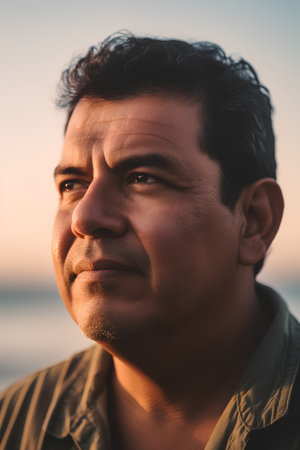 Portrait of a handsome Indian man on the beach at sunset.の素材