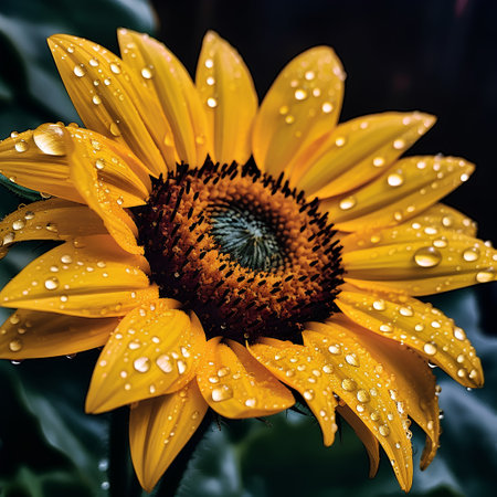 Close up of a sunflower with water drops on petals.の素材