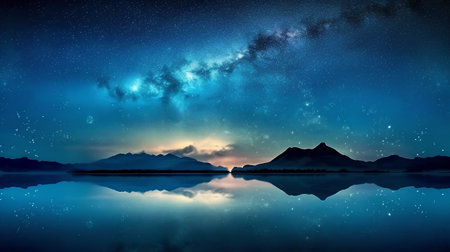 Image of night sky with stars over lake and mountains reflected in waterの素材