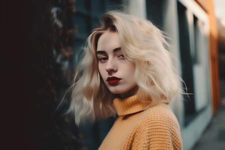 Portrait of a beautiful young woman with blonde hair and red lipsの素材