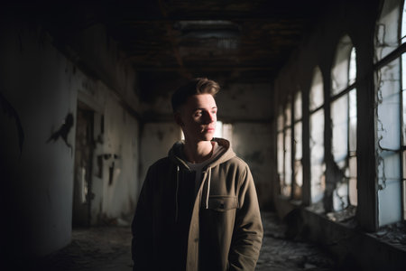 Portrait of a young man standing in an old abandoned building.の素材