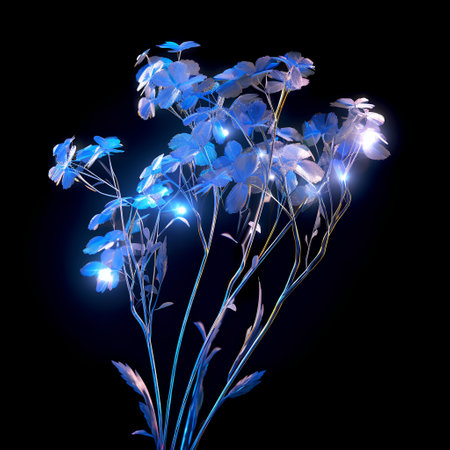 Illustration of blue flowers with lights on a black background, isolatedの素材