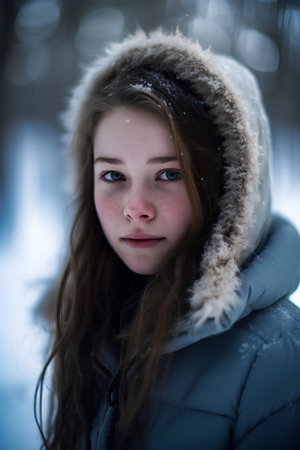 Portrait of a beautiful young woman in the winter forest. Soft focus.の素材