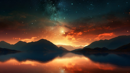 Fantasy landscape with mountains and starry sky reflected in the waterの素材